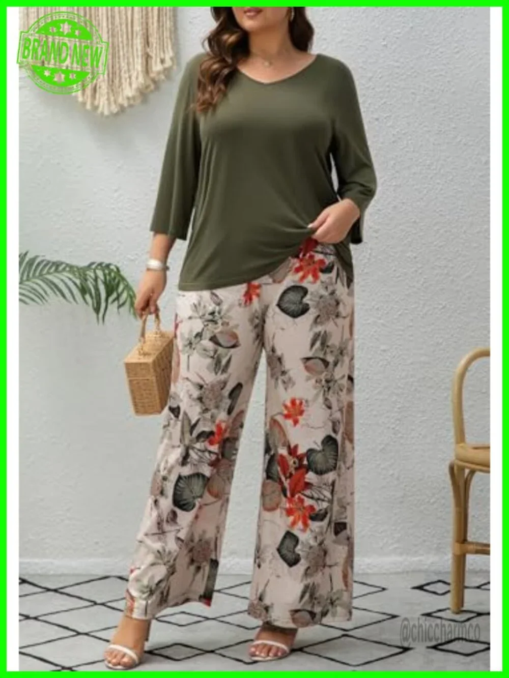 Plus Size 2 Piece Outfits 3/4 Sleeve Tunic Top Floral Print Wide Leg Pant Sets